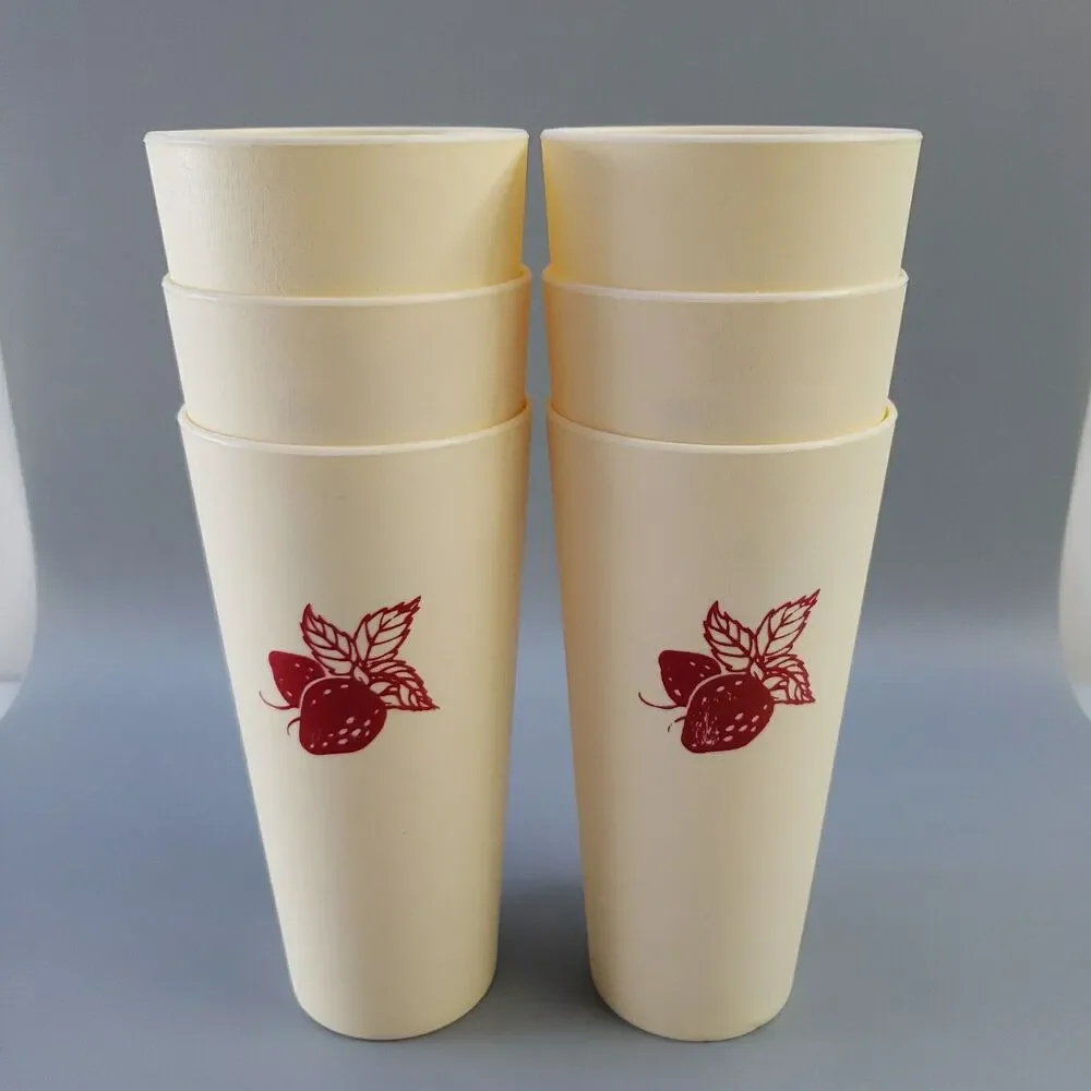 Vintage Strawberry Cups Plastic Tumblers Red Cream Set of 6 Retro Kitchen